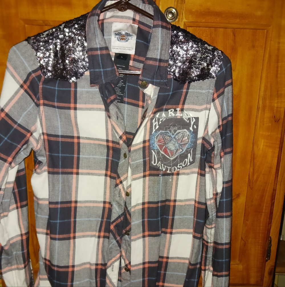 Harley-Davidson Checkered Shirt with Black Sequin Shoulders